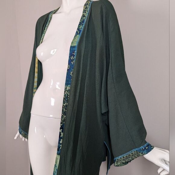 Boho Artisan Kimono Jacket – Forest Green with Patchwork Art & Embroidery – One - Picture 8 of 8